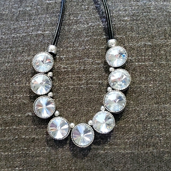 Vintage Jewelry - CHUNKY BLACK ROPE LEATHERETTE NECKLACE MULTISTRAND W ROUND DISC LARGE GEMS